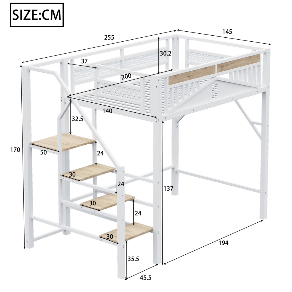 Letto a soppalco in metallo 140x200 cm con scala di sicurezza e spazio sotto il letto; bianco