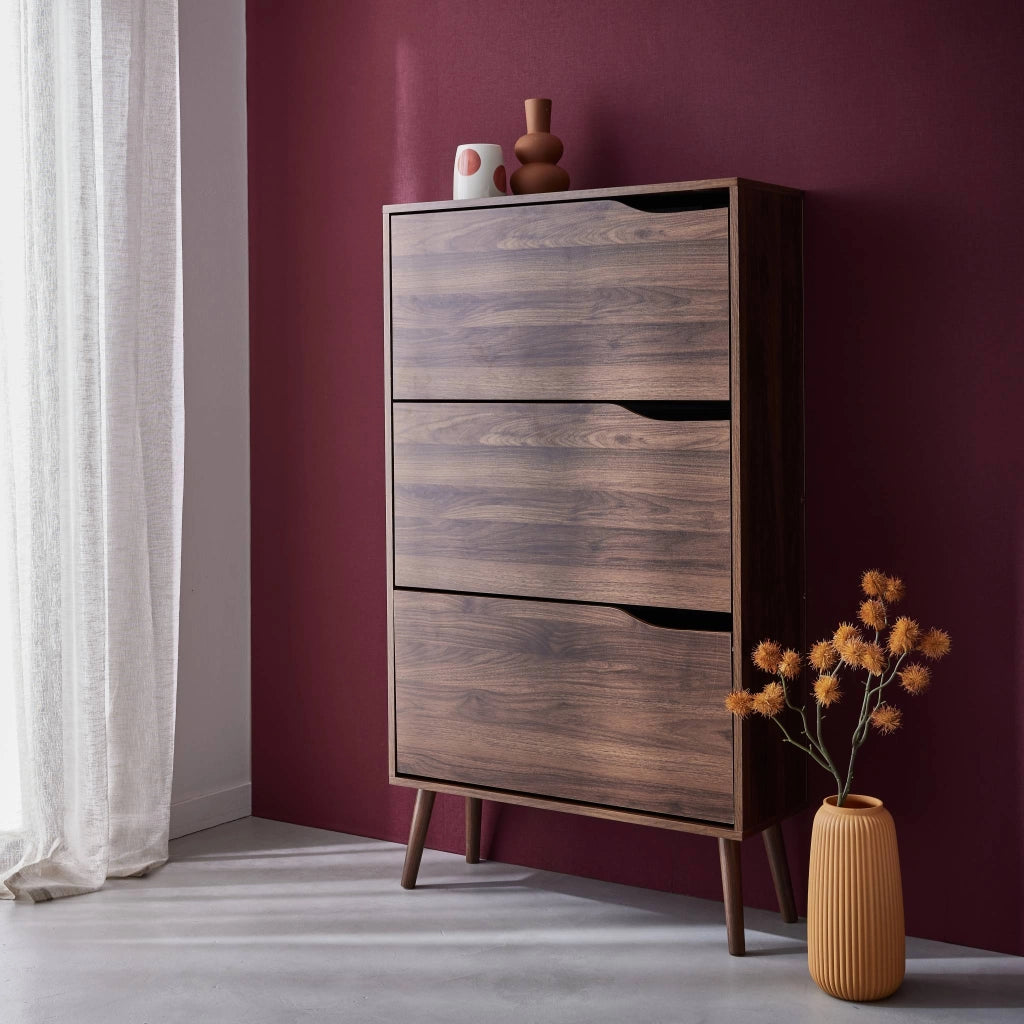 Scarpiera con decoro in legno, 3 ante, noce