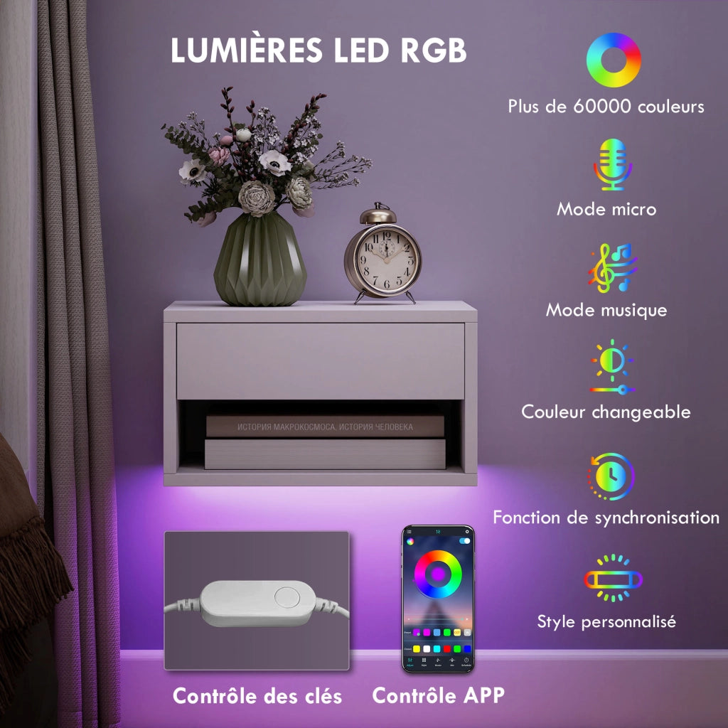 Comodino sospeso con luce LED RGB, scaffale, cassetto ¨C Minimal ¨C bianco, 37x32x21cm