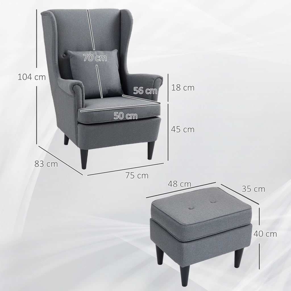 Poltrona da Salotto 75x83x104 cm con Pouf Poggiapiedi in Tessuto Grigio