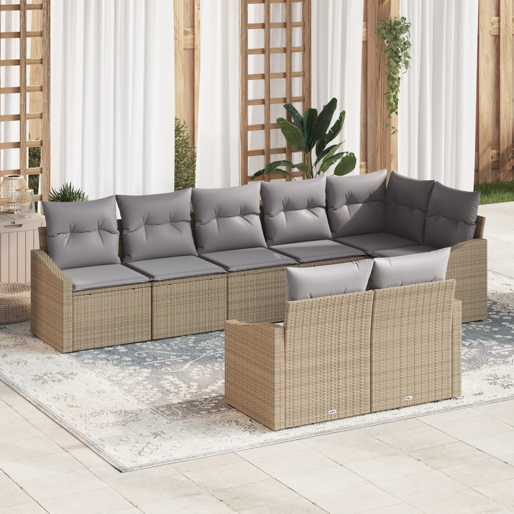 Set da Pranzo da Giardino 8 Pezzi con Cuscini Beige Polyrattan