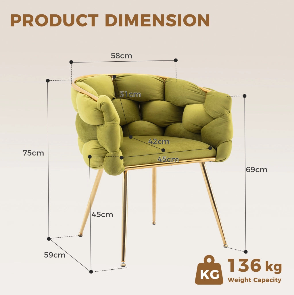 Set di 2 poltrone 73x56x75 cm velluto oliva metallo dorato con braccioli