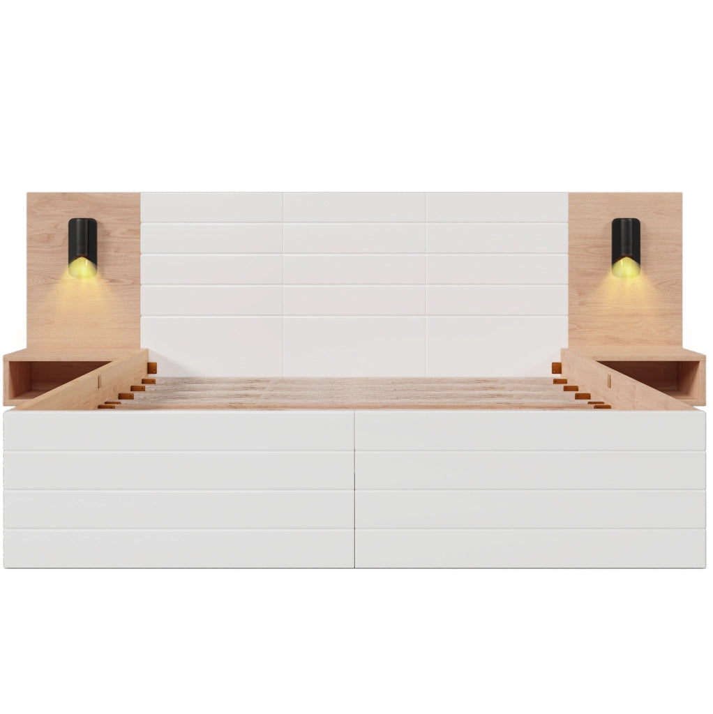 Letto matrimoniale 140x200 cm in legno massiccio e MDF con 2 cassetti; luce da lettura; USB e materasso