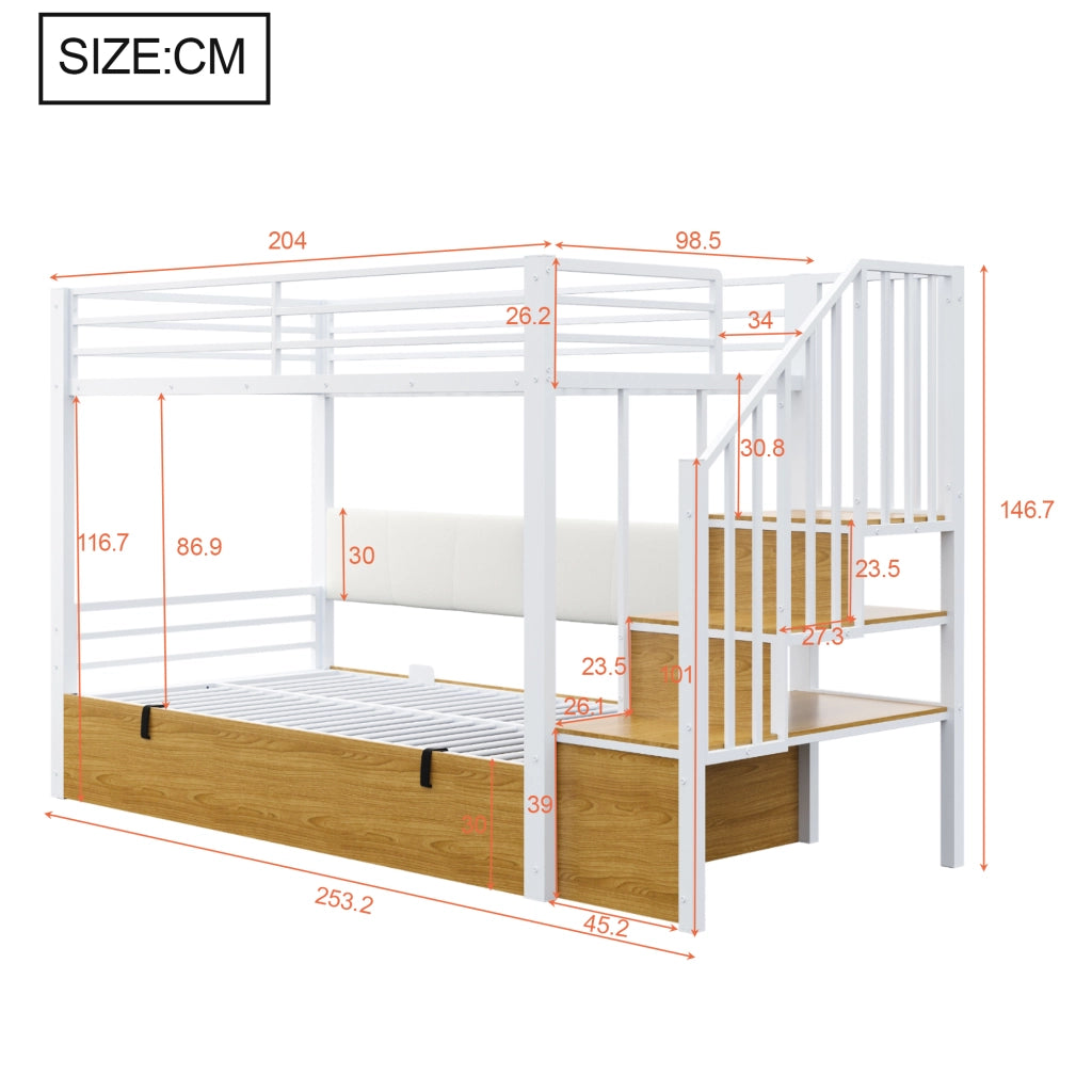 Letto a castello 90 × 200 cm con scala contenitore, vano con sollevamento idraulico, senza materasso, bianco