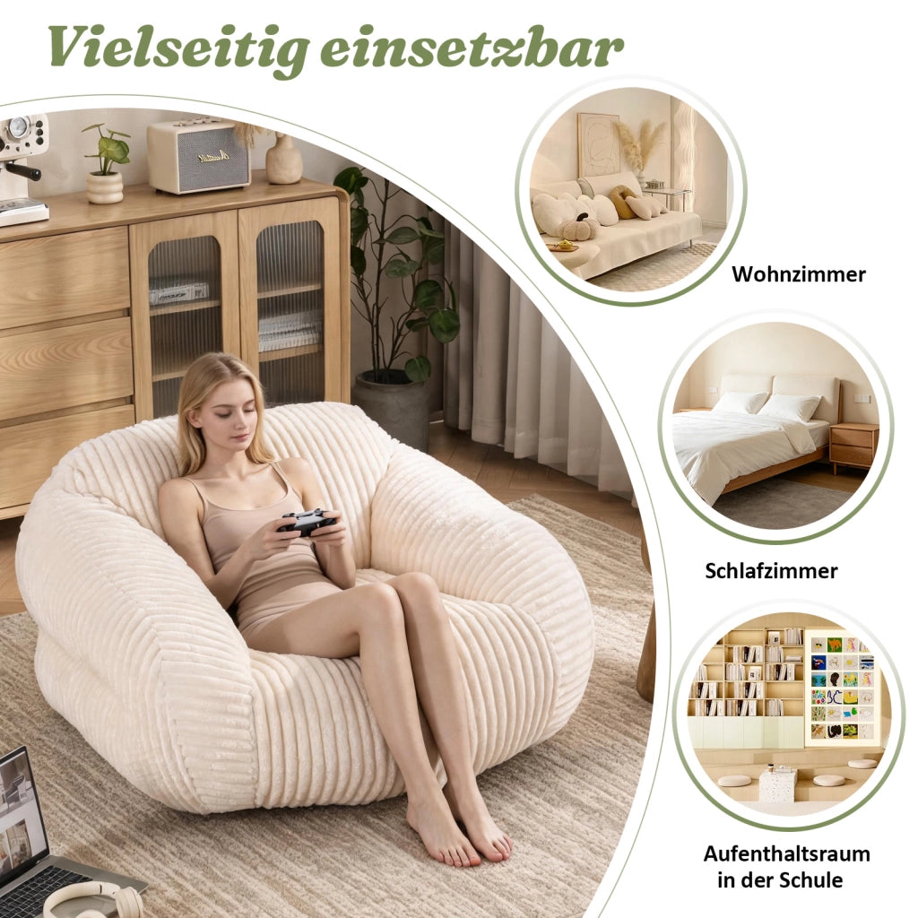 Poltrona pouf con schienale avvolgente per relax e lettura in velluto a coste beige