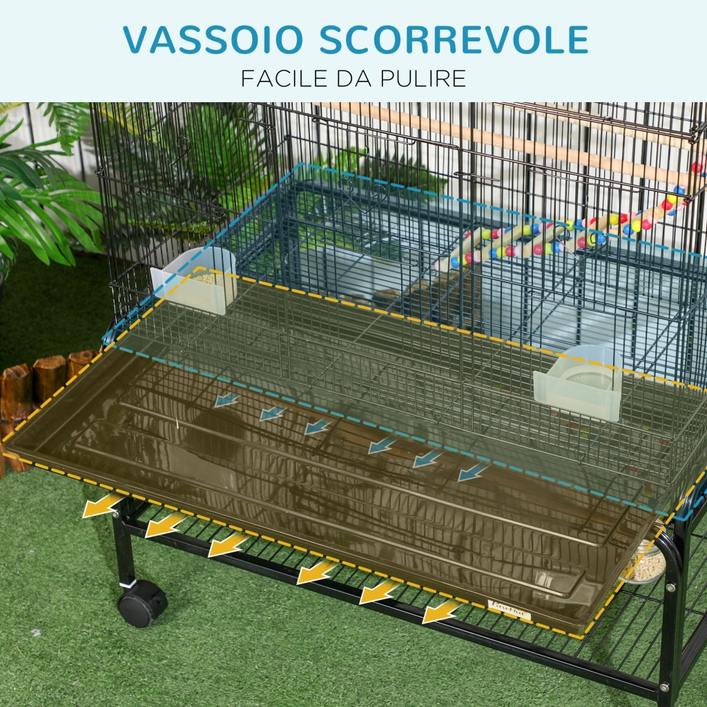 Gabbia per Uccelli in Acciaio con Posatoi, Giochi, Contenitori per Cibo e Vassoio, 79x49x133 cm, Nero