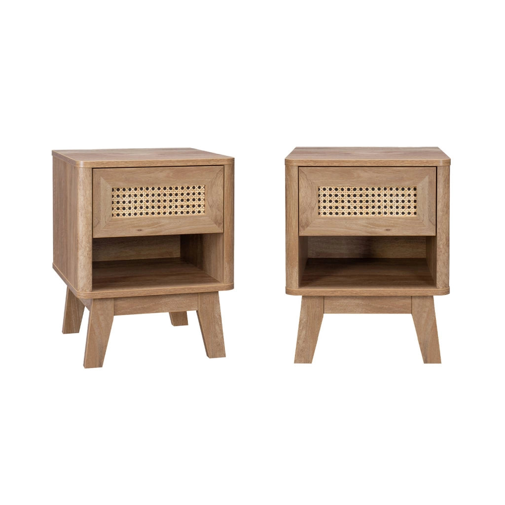 Set 2 comodini con decorazione in legno e canna da zucchero, marrone