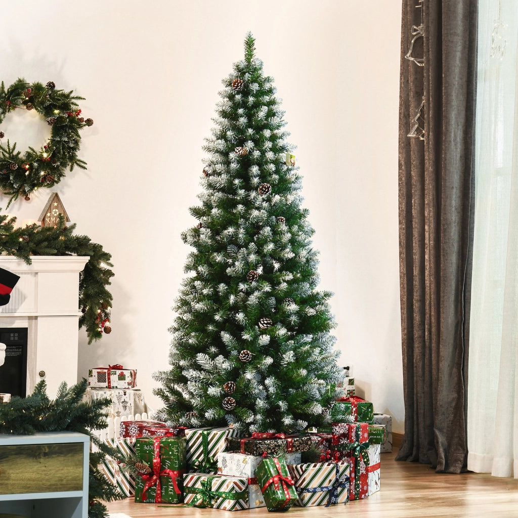 Albero di Natale Innevato da 180 cm con 630 Rami e 37 Pigne, in Plastica e Metallo, Verde e Bianco