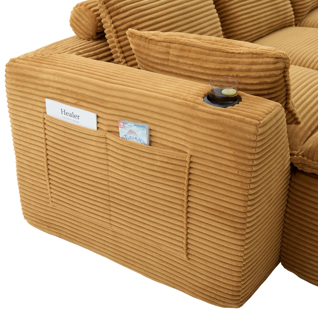 Divano modulare 3 posti con pouf in velluto a coste arancione HAVRYA