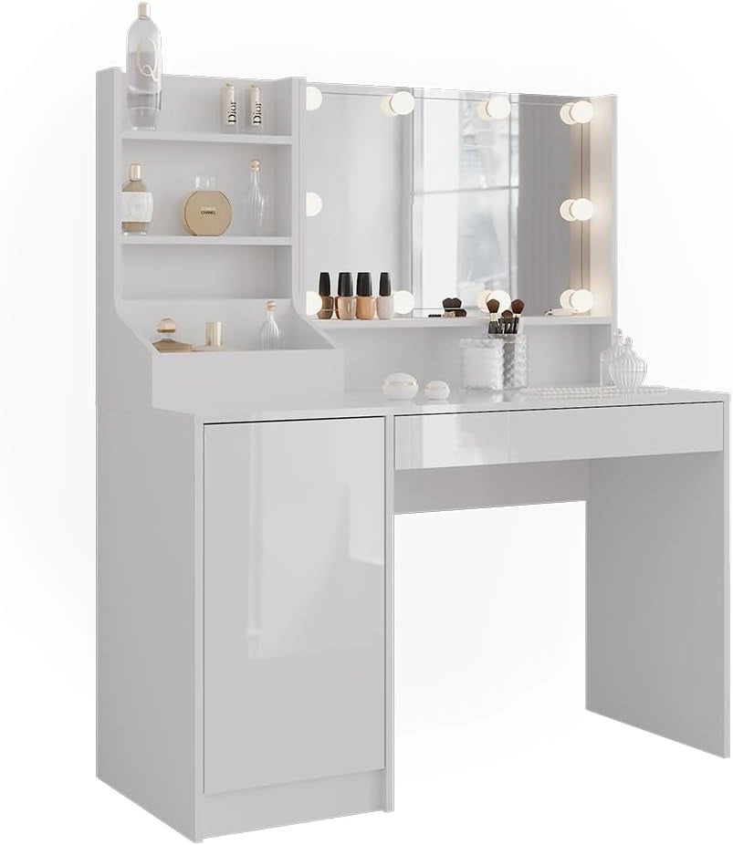 Tavolo da toeletta Sherry, Bianco/bianco lucido, 119.8 cm 4 parti