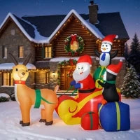 Babbo Natale Gonfiabile con Slitta, Pinguini e Renne, Luci LED 180x120x155 cm