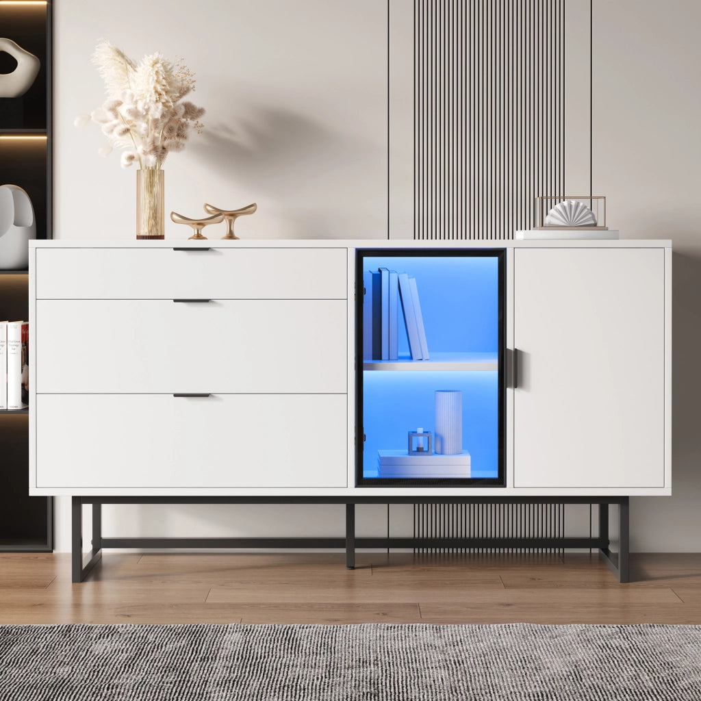 Credenza con Vetrina e LED ¨C Xylo ¨C Bianco, Cassetti, Ante in Vetro