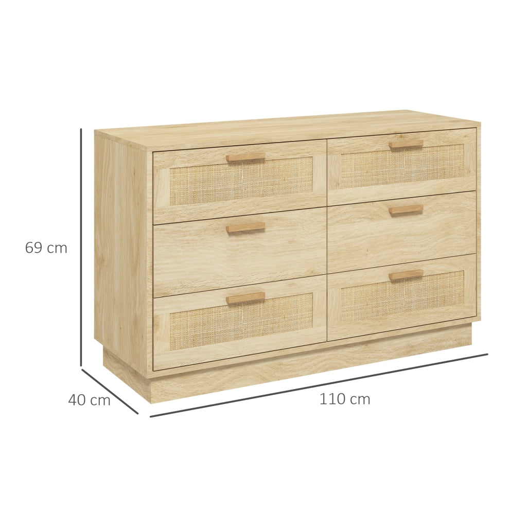 Cassettiera 6 Cassetti Stile Boho 110x40x69 cm in Legno e Rattan Rovere