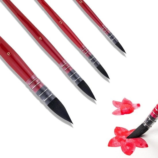Set di 4 pennelli aquarello professionali - Punto fine per dettagli - Setole di scoiattolo - Nylon - Misure #0, 2, 4, 6