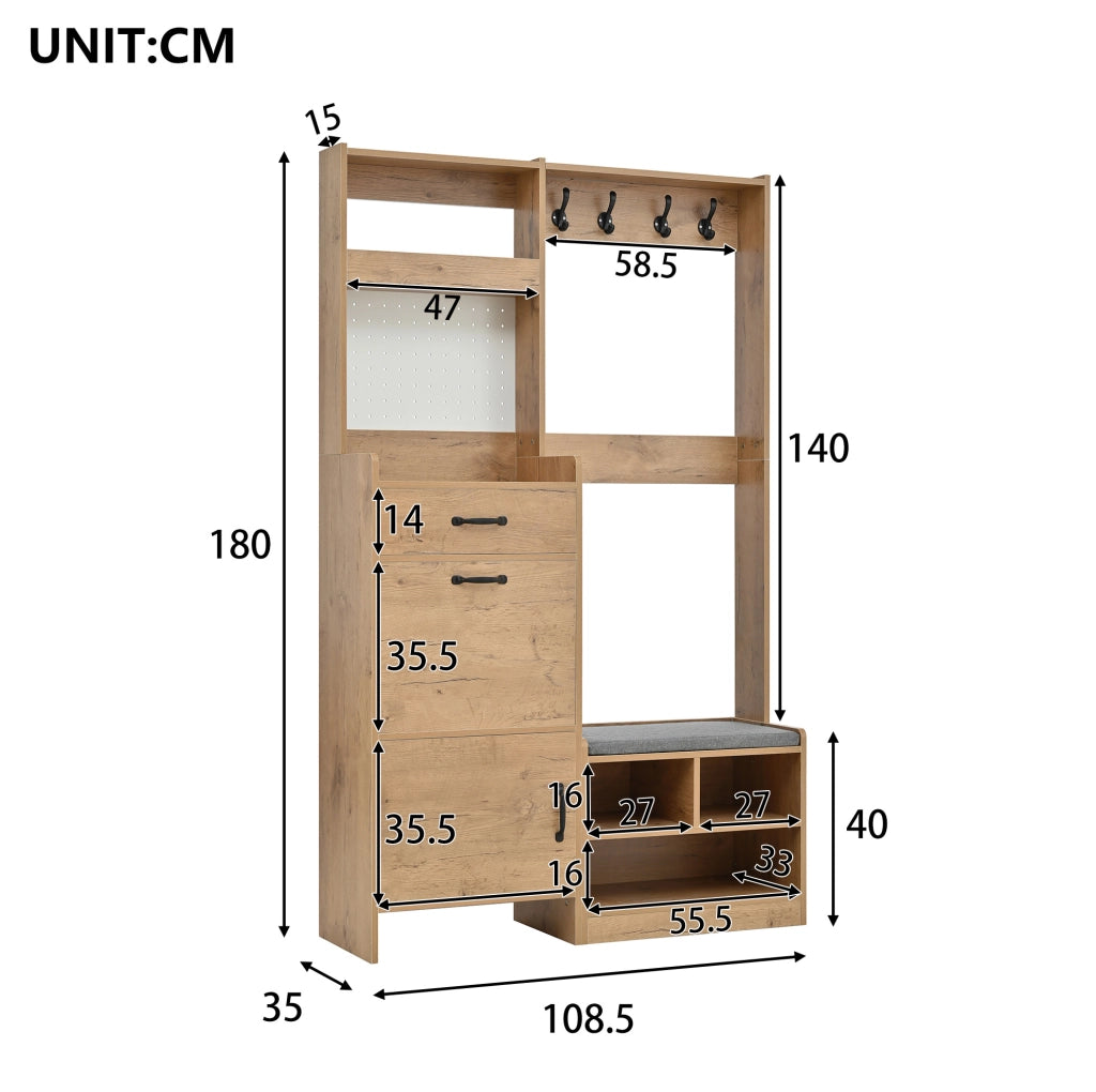Guardaroba da ingresso 108.5x35x180 cm con panca; 4 ganci; truciolato naturale e bianco
