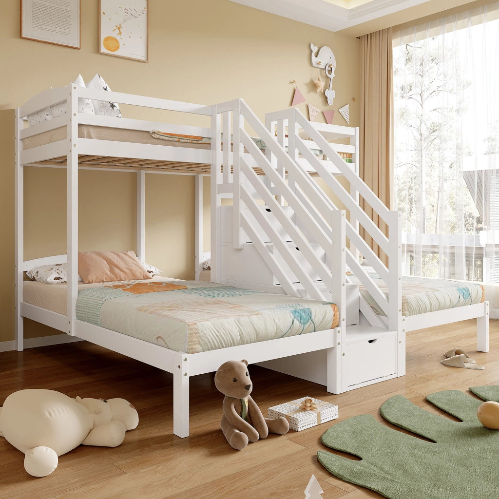 Letto a castello bianco in pino con funzione contenitore e parapetto 90x200 cm