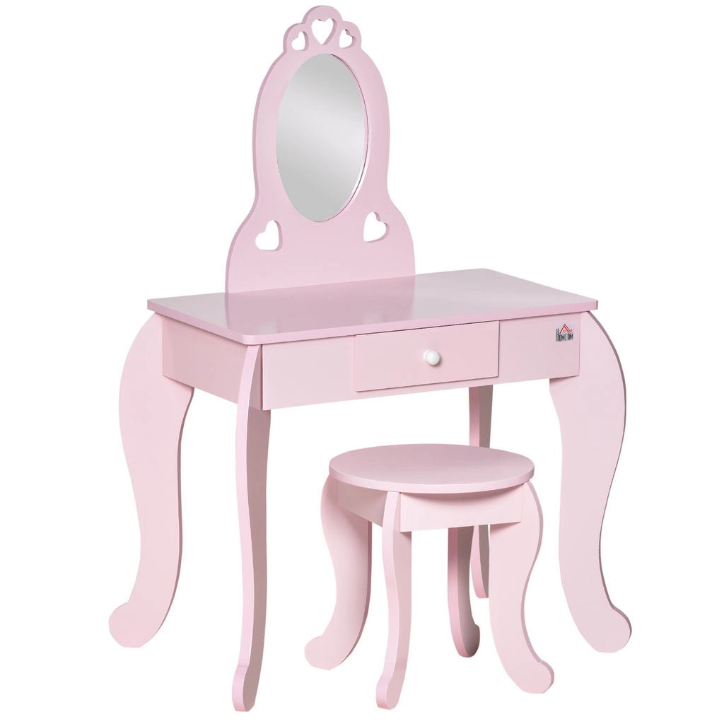 TAVOLO TRUCCO PER BAMBINI CON SGABELLO SPECCHIO E CASSETTO 60X36X88CM
