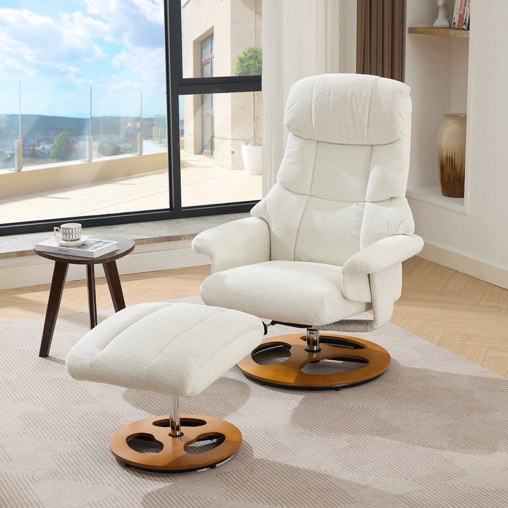 Poltrona relax girevole 360° con massaggio a 5 punti e funzione riscaldante con poggiapiedi e tasca in schiuma e chenille bianca