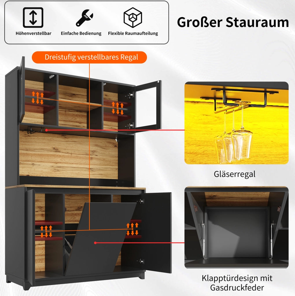 Mobile da cucina nero con LED, ante acriliche e vano rifiuti