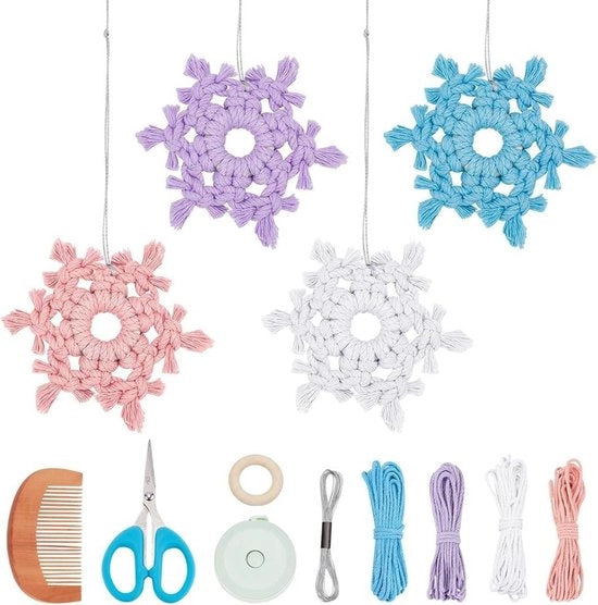 Set di decorazione per albero di Natale a macramé con fiocchi di neve - 4 pezzi in diverse colori