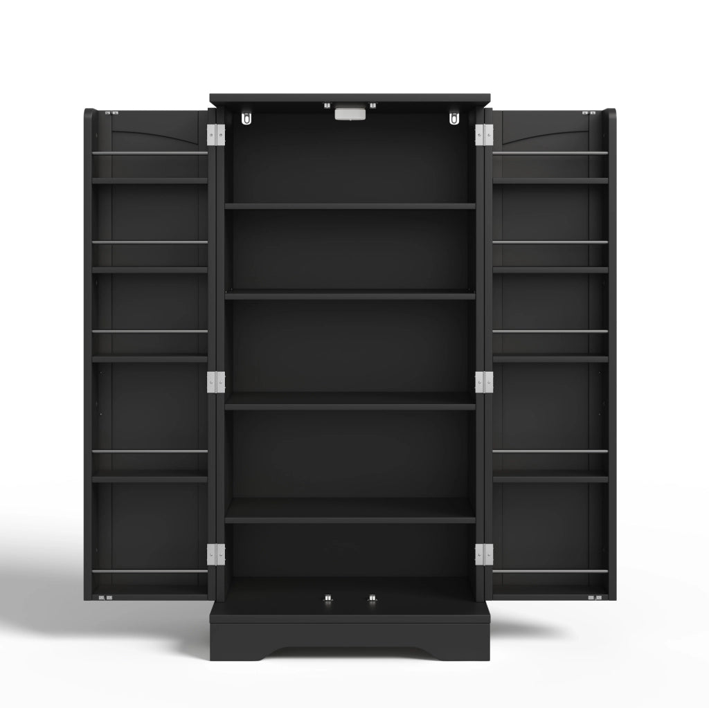 Credenza alta moderna 120x60x40 cm in MDF nero con luce LED sensore e ante scanalate