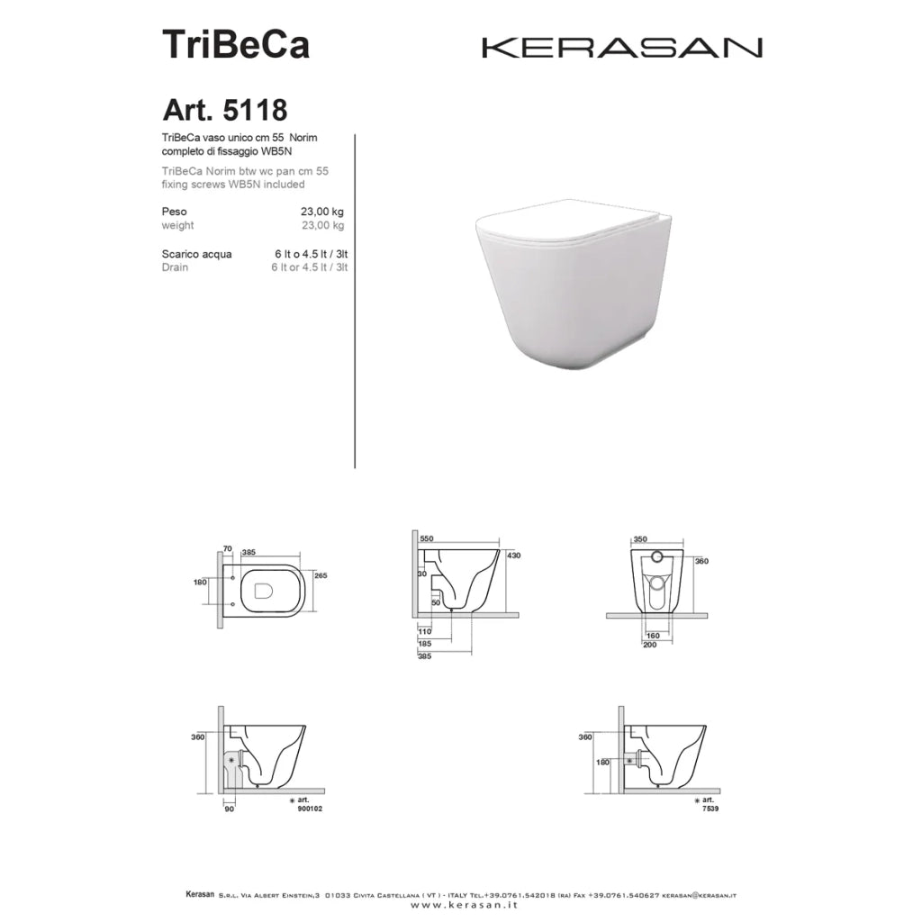 Coppia Di Sanitari Kerasan Da Terra Filo Muro Senza Brida Bianco Lucido "Tribeca"