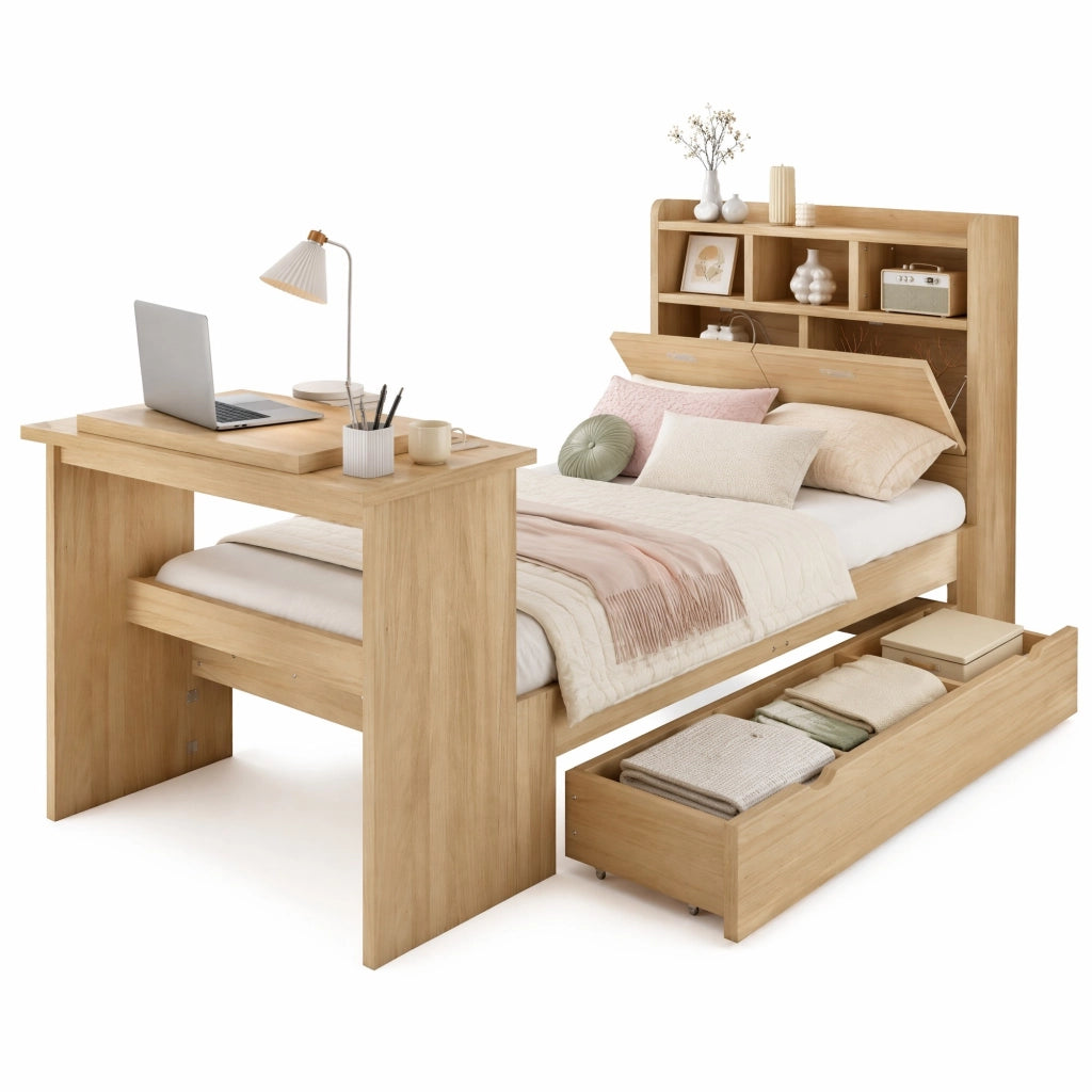 Letto Singolo 90x200 cm con Cassetto; Tavolo Pieghevole e Ripiani Testiera in Legno Naturale