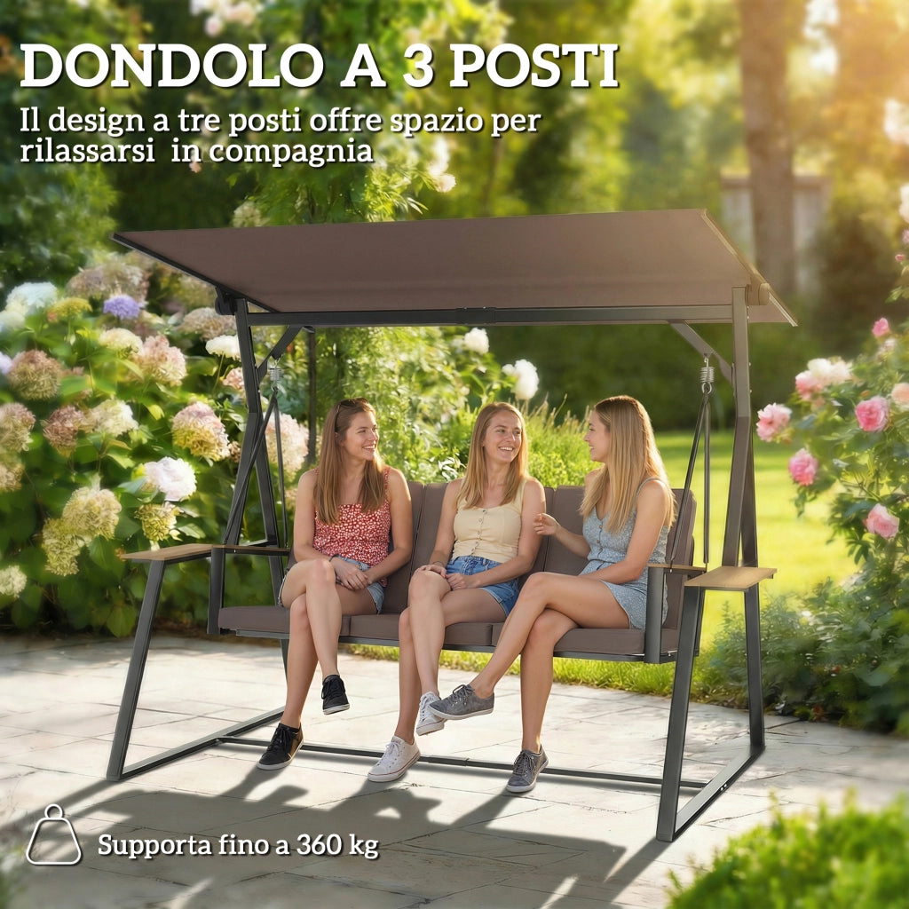 Dondolo da Giardino 3 Posti 222x131x175 cm con Tettuccio Regolabile con Vassoi e Cuscini Imbottiti in Metallo Marrone
