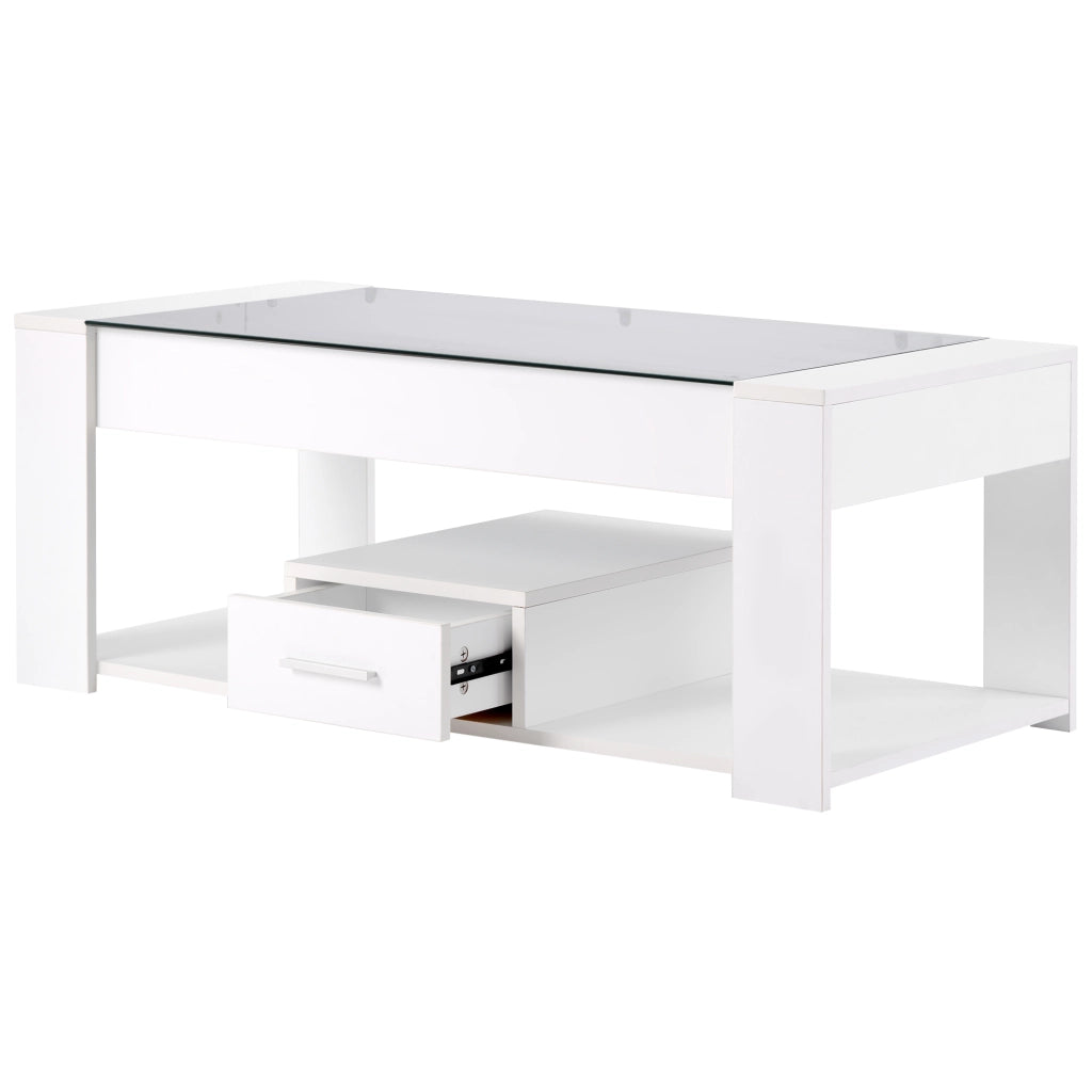 Tavolino da salotto con piano in vetro temperato; 2 cassetti e ampio vano aperto; bianco; 100 Ã— 50 Ã— 40 cm
