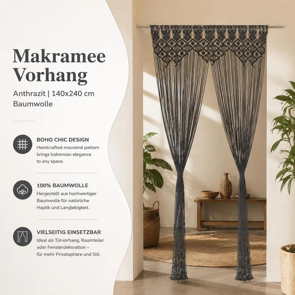 Macrame Curtain Anthracite 140x240 Cm Cotton