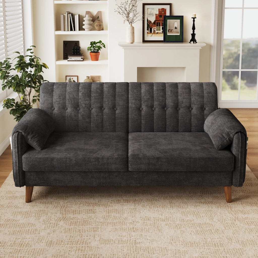 Divano a 2 posti compatto in chenille con schienale ergonomico, cuscini bracciolo e tasche laterali grigio scuro