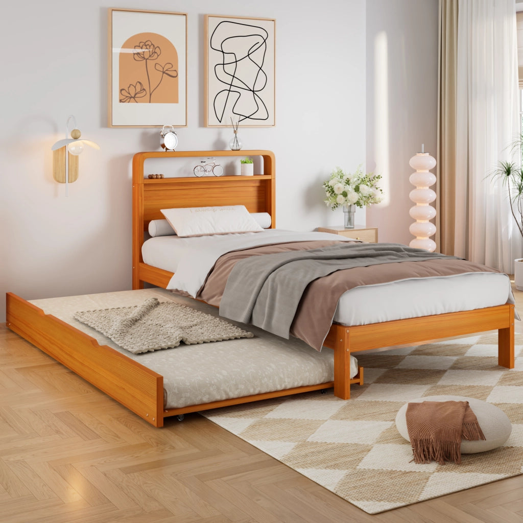 Letto estraibile 90 × 200 cm con letto ospite 90 × 190 cm, montaggio a sinistra o destra, senza materasso, in legno naturale