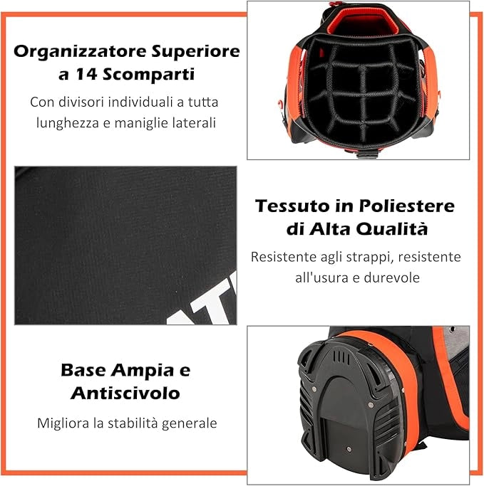 Borsa da Golf Portatile con 14 Divisori Superiori a Tutta Lunghezza, 7 Tasche con Cerniera, Cappuccio Antipioggia, Tracolla, Manico e Portaombrelli, Ideale per Uomini e Donne (Rosso e Grigio)