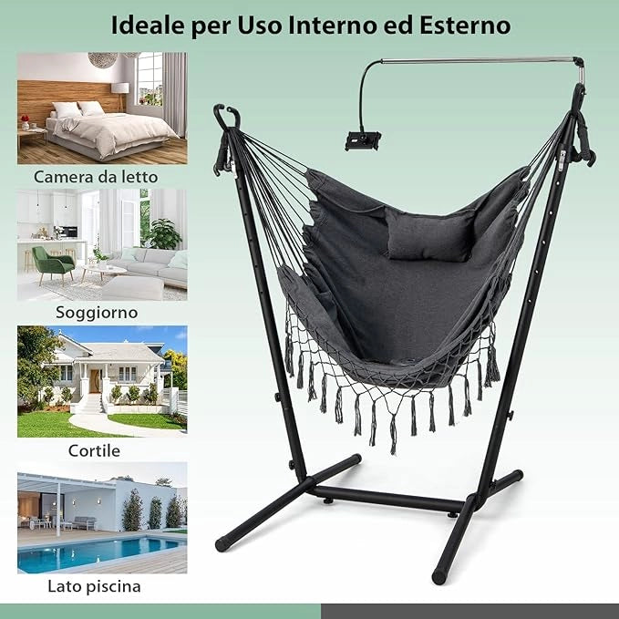 Sedia Amaca Sospesa con Supporto, Sedia Appesa Regolabile in Altezza con Supporto Porta Cellulare Cuscino e Tasca Laterale, Carico Massimo 250 kg
