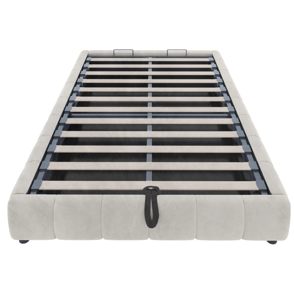 Letto imbottito 140x200 cm con contenitore, LED integrato e struttura idraulica