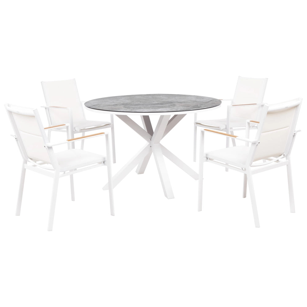 Set da pranzo 4 posti composto da tavolo in alluminio con piano in vetro ceramico grigio e sedie con cuscini bianchi giardino terrazzo elegante