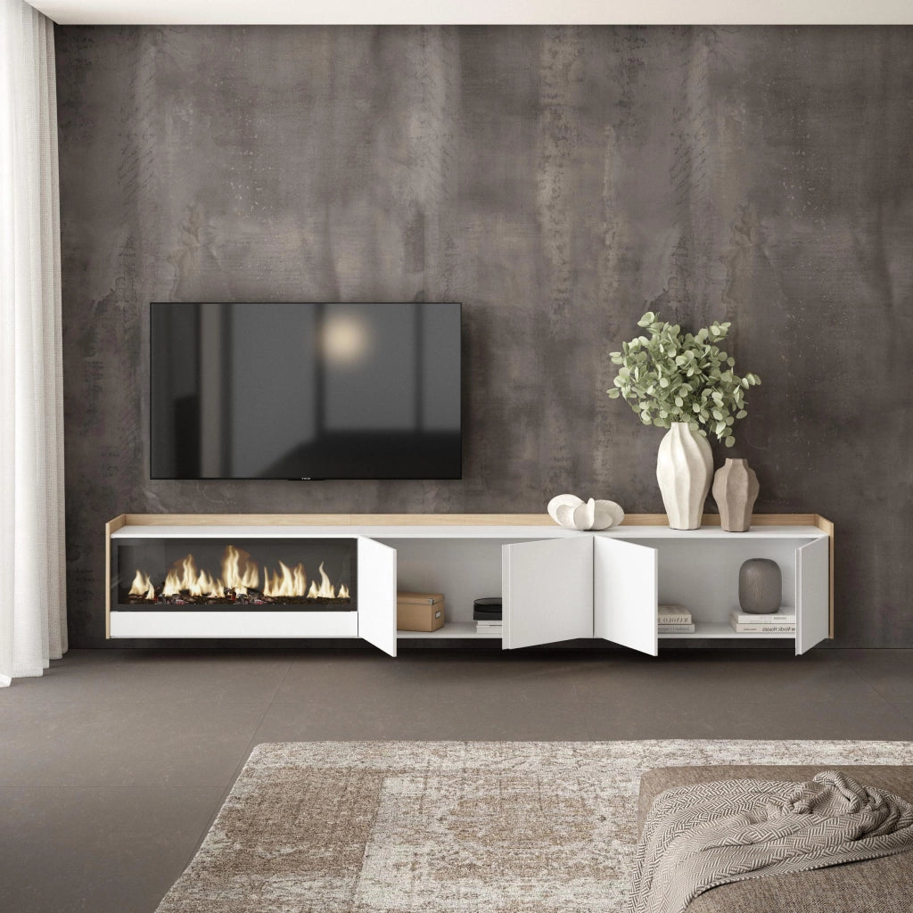 Mobile TV Soggiorno, 315x50x35 cm, Per TV fino a 80", Camino elettrico XXL, Sospeso, da appendere, Bianco e Rovere soft