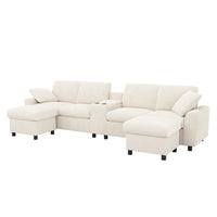 Divano a U in velluto - Xylo - Con 2 poggiapiedi, USB, Type-C, beige (315cm)