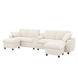 Divano a U in velluto - Xylo - Con 2 poggiapiedi, USB, Type-C, beige (315cm)