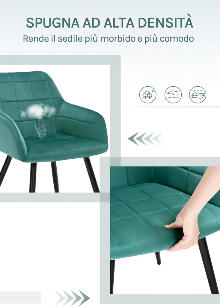 Sedia per Sala da Pranzo Imbottita, Poltroncina in Velluto,Sedia da Cucina con Braccioli e Schienale, Gambe in Metallo, moderne,Azzurro, BH93ts-1