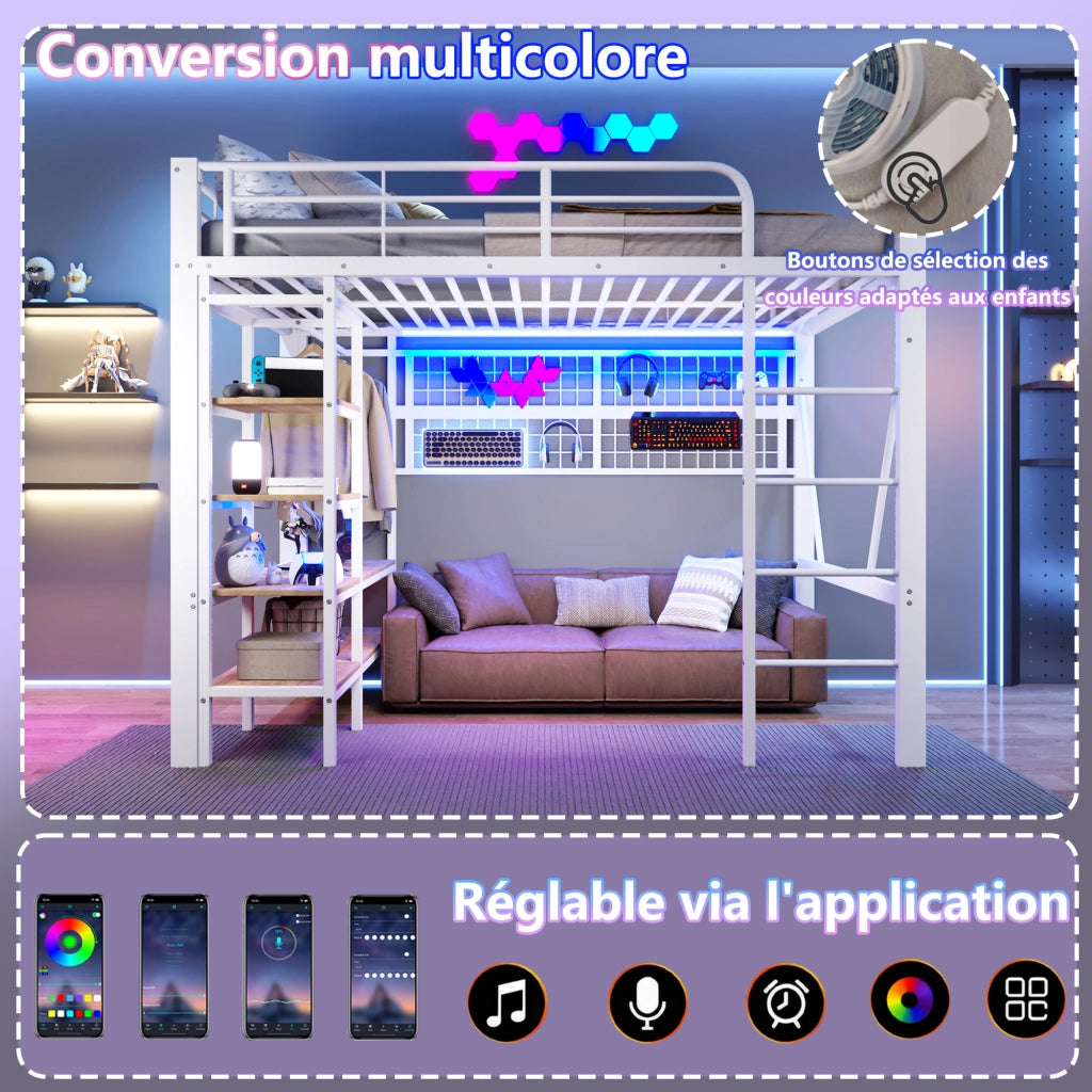 Letto a soppalco matrimoniale 140×200 cm con LED; ripiano e rete appendiabiti; senza materasso; bianco