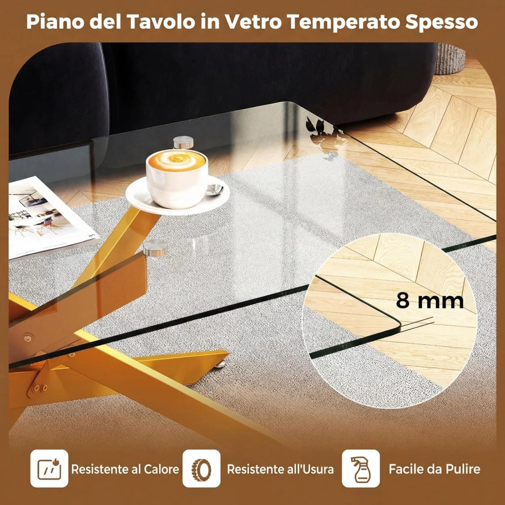 Tavolo da Caffè, Tavolino Salotto in Vetro Temperato con Gambe Incrociate in Metallo Placcato e Piedini Regolabili Antiscivolo, per Soggiorno e Ingresso, 120 x 60 x 45,5 cm (Oro)