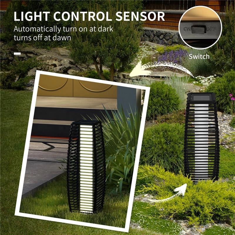 LAMPADA SOLARE DA GIARDINO CON PANNELLO DI RICARICA, IN ACCIAIO E RATTAN, 20X20X68 CM, NERO