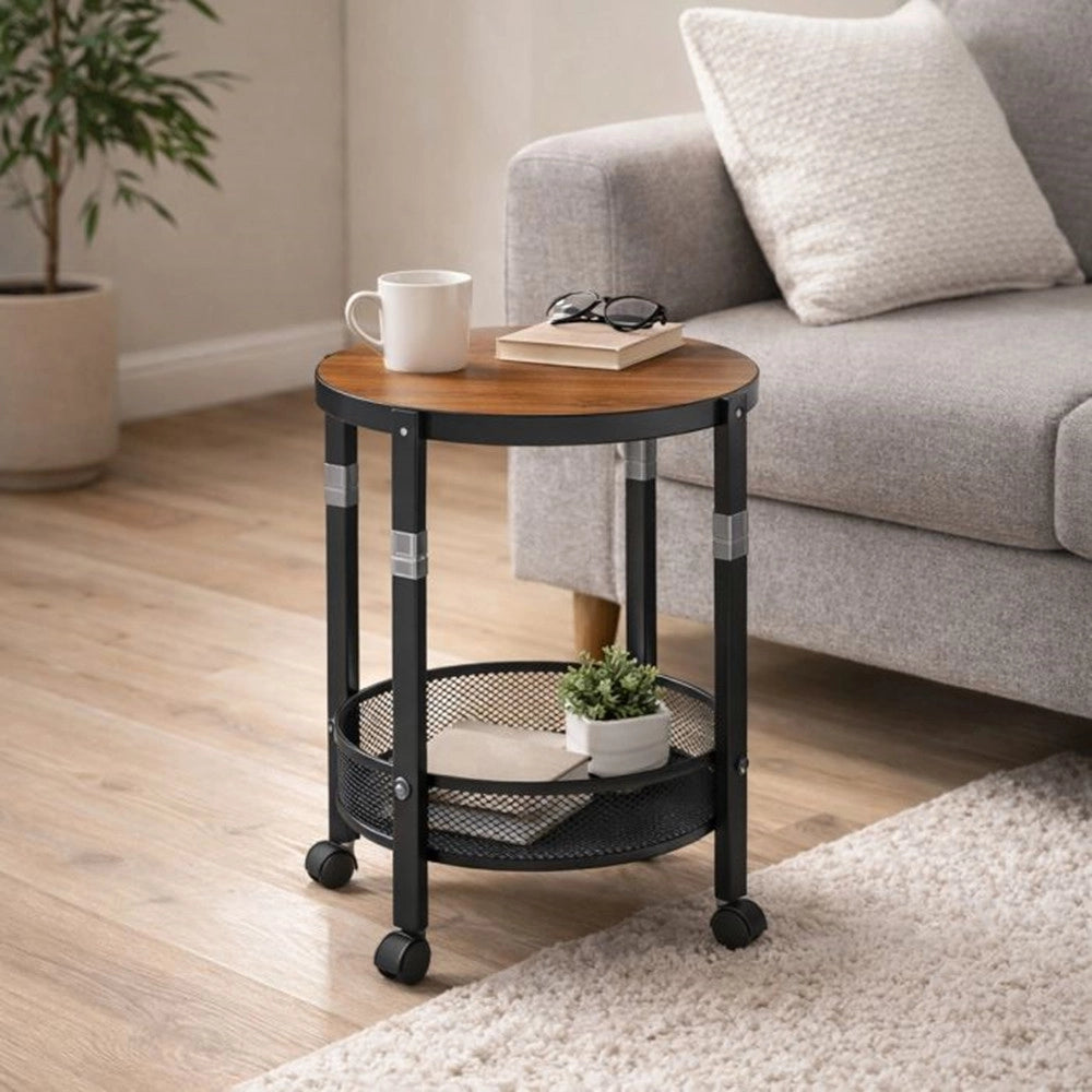 Trade Shop - Tavolo Rotondo Design Pieghevole Multiuso Carrello A 2 Livelli Ripiani Con Ruote 52x32cm -