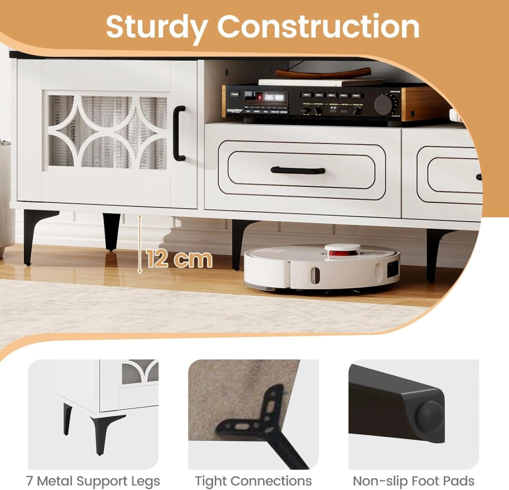 Mobile TV per TV fino a 80", supporto TV con scomparti aperti, armadi laterali e cassetti, 180,5 x 35 x 46 cm, porte con piano in PVC, per soggiorno, camera da letto (bianco)