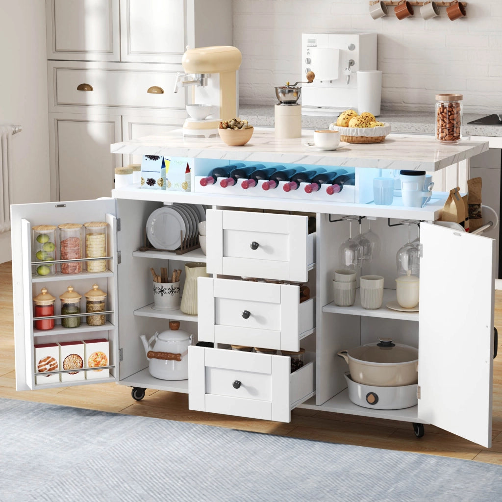 Carrello cucina con piano ribaltabile, 2 porte, 3 cassetti, LED RGB e ruote frenanti, 138 x 60 x 93 cm