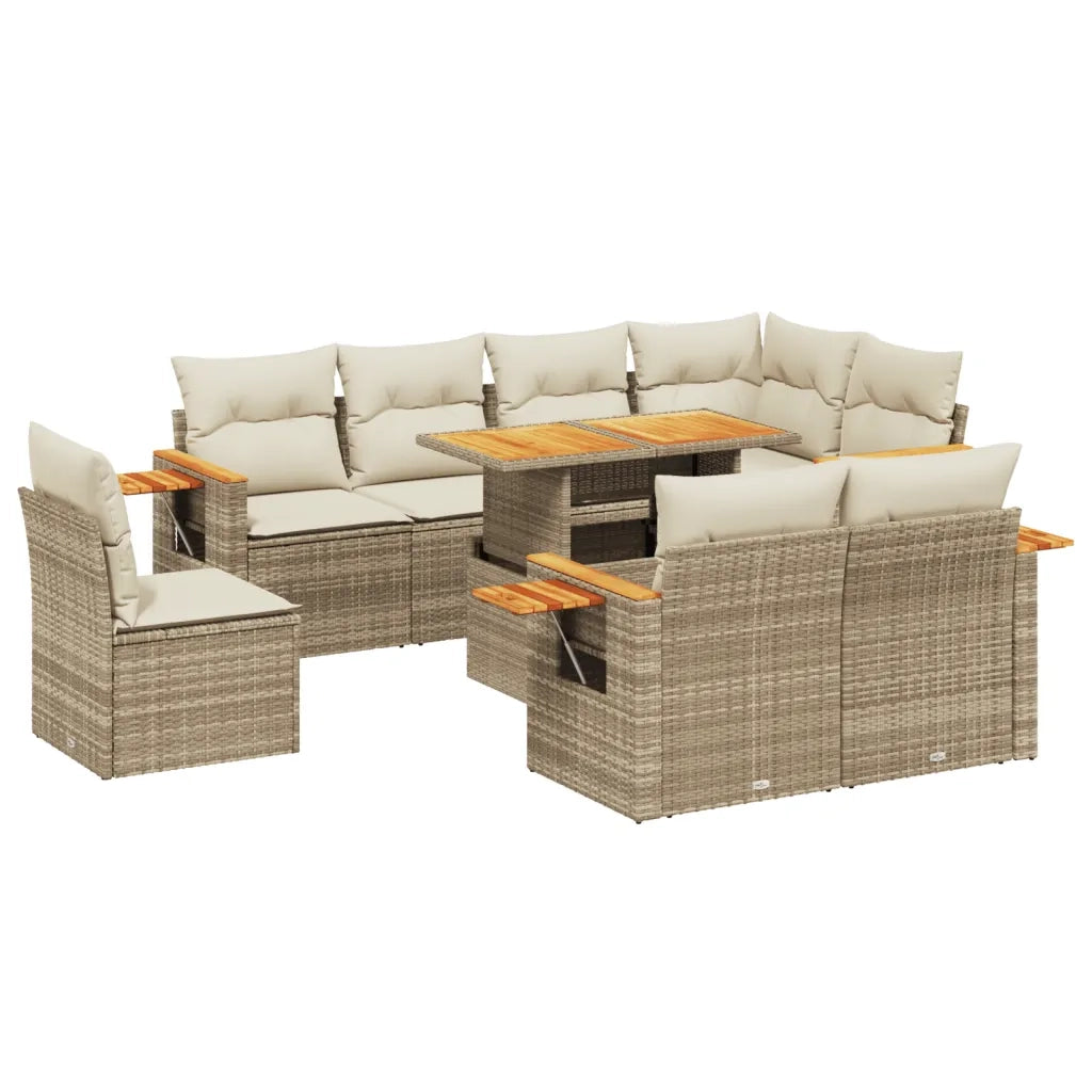 Set Divano da Giardino 9 pz con Cuscini Beige in Polyrattan