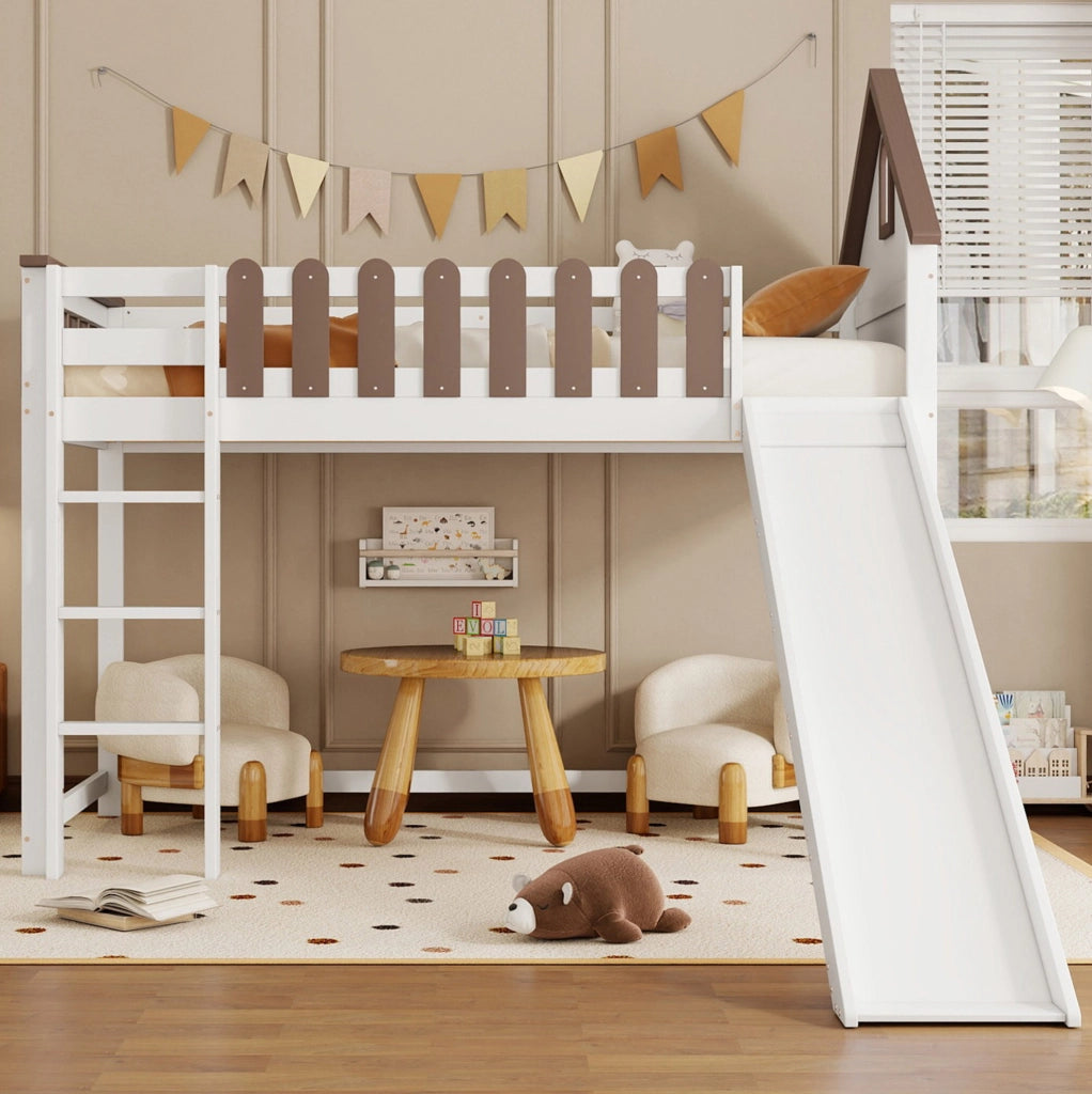 Letto a soppalco 90x200 cm con scivolo, tetto e scala, bianco noce