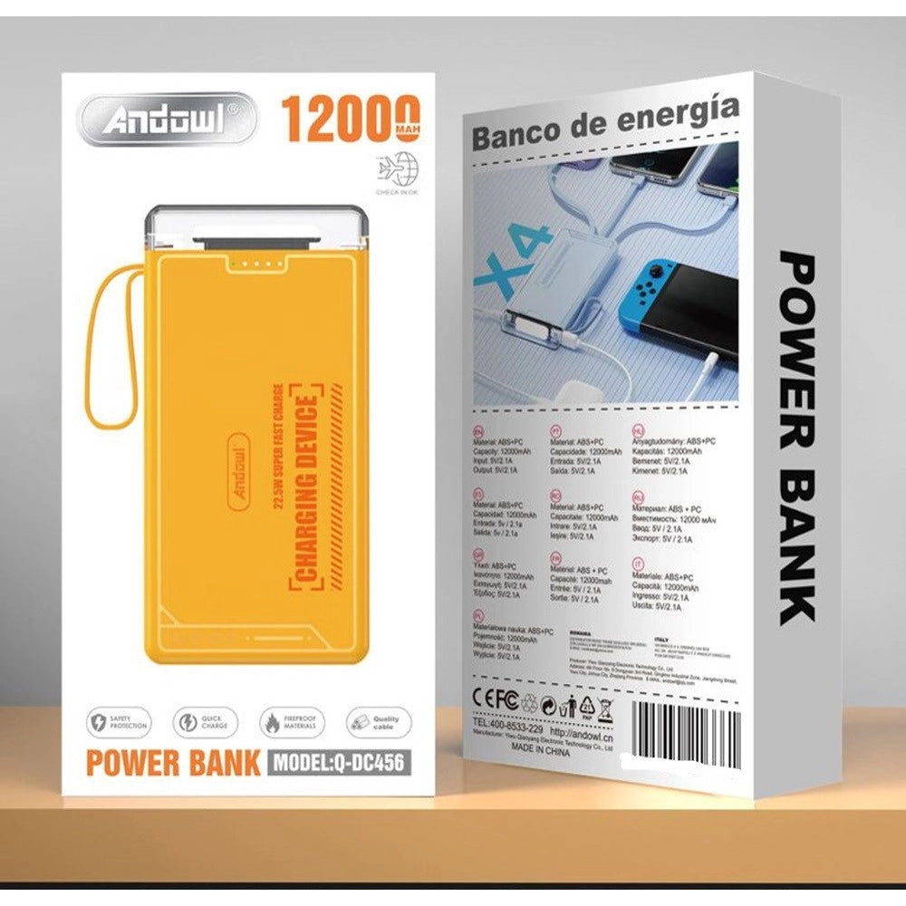 Trade Shop - Power Bank Portatile A Ricarica Rapida Da 12000 Mah Con Luce Led 4 Cavi Integrati Q-dc456 -