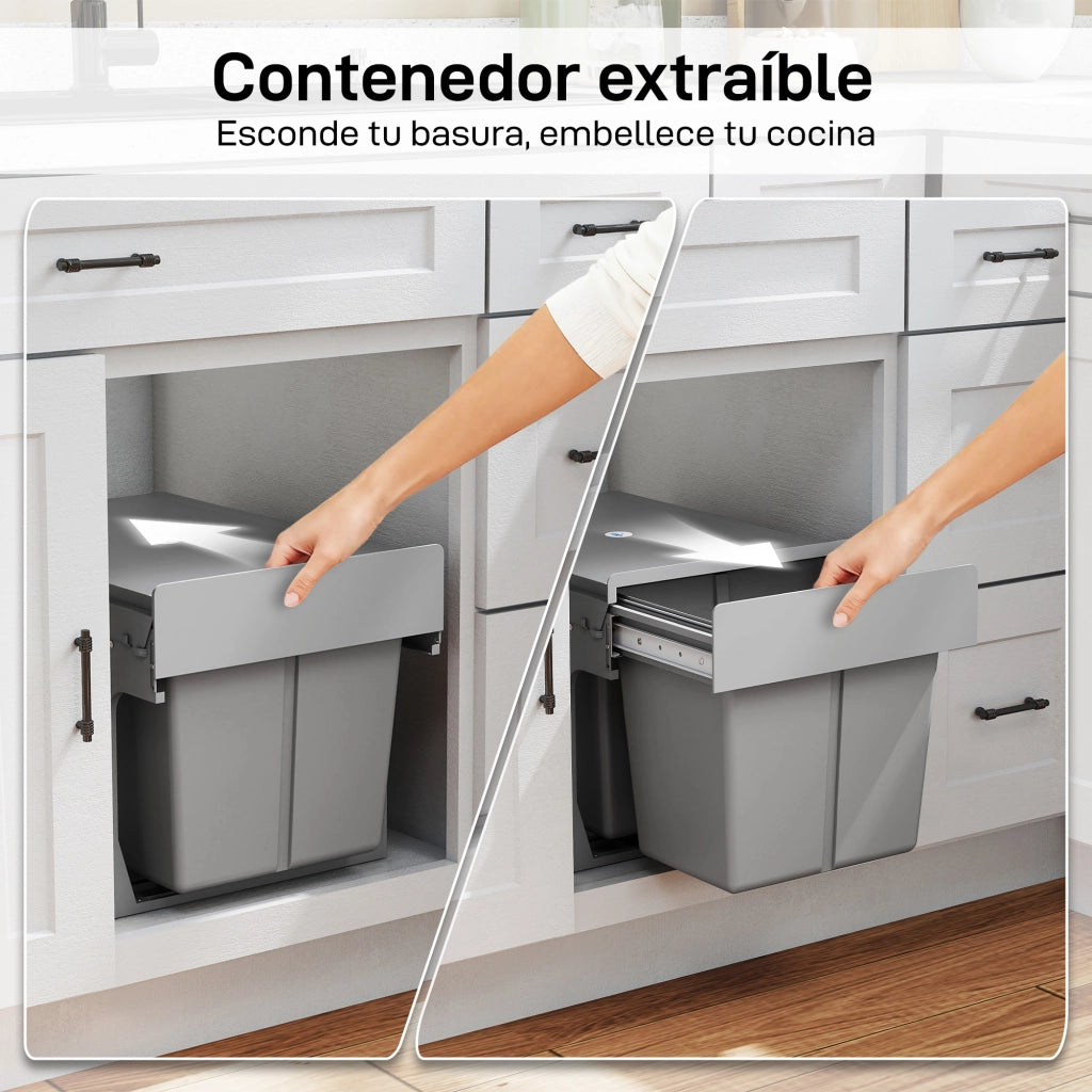 Cestino Sottolavabo Estraibile con 2 Contenitori 30L ¨C zephmum ¨C Grigio Chiaro 60x45x45 cm